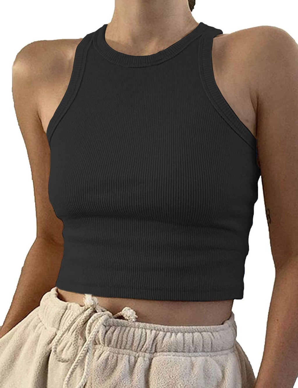 Ifoqixu Women’s Sleeveless Racer Back Tank Tops Ribbed Knit Halter Neck Crop Tops Black S