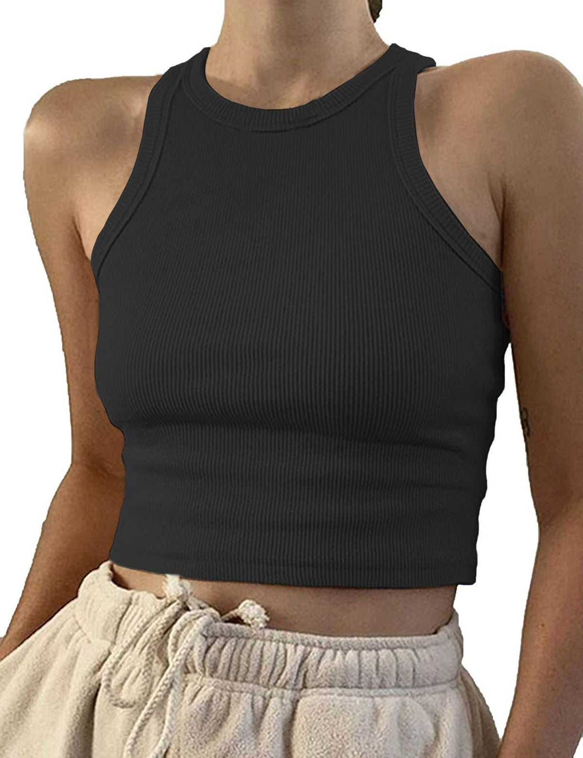 Ifoqixu Women’s Sleeveless Racer Back Tank Tops Ribbed Knit Halter Neck Crop Tops Black S